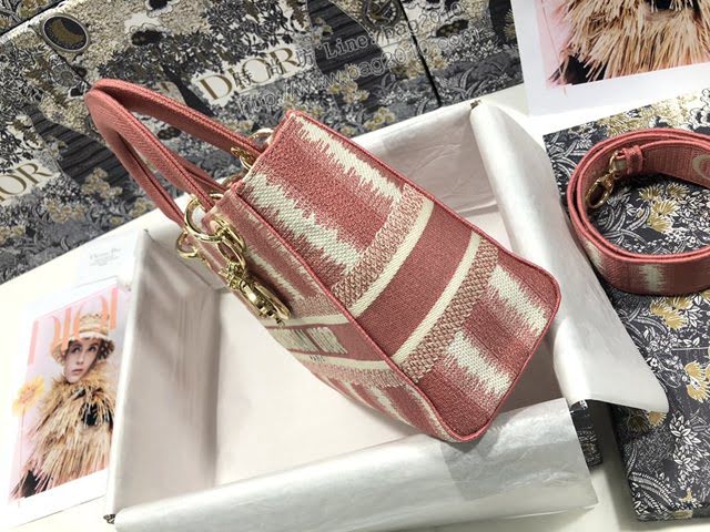 Dior女包 迪奧Lady D-Lite五格刺繡條紋粉色戴妃包 Dior手提肩背斜挎包  dfk1837